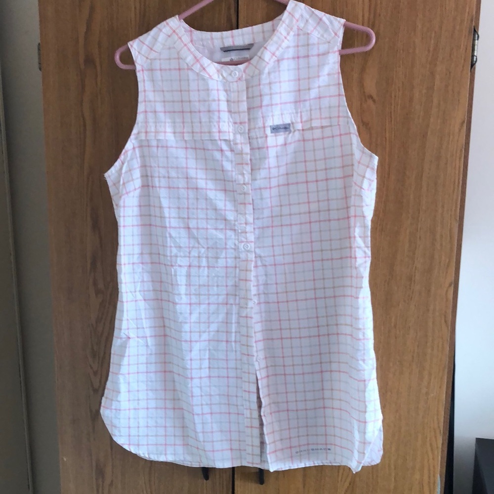 Columbia new Sleeveless White and Pink Plaid Button-Up Shirt tunic
